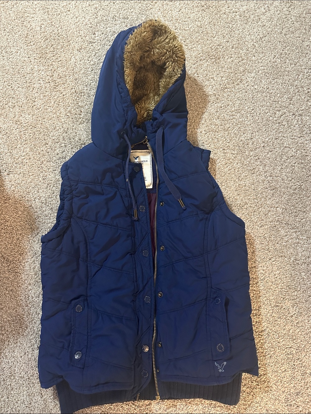 American Eagle Navy Hooded Puffer Vest with Faux Fur Lined Hood